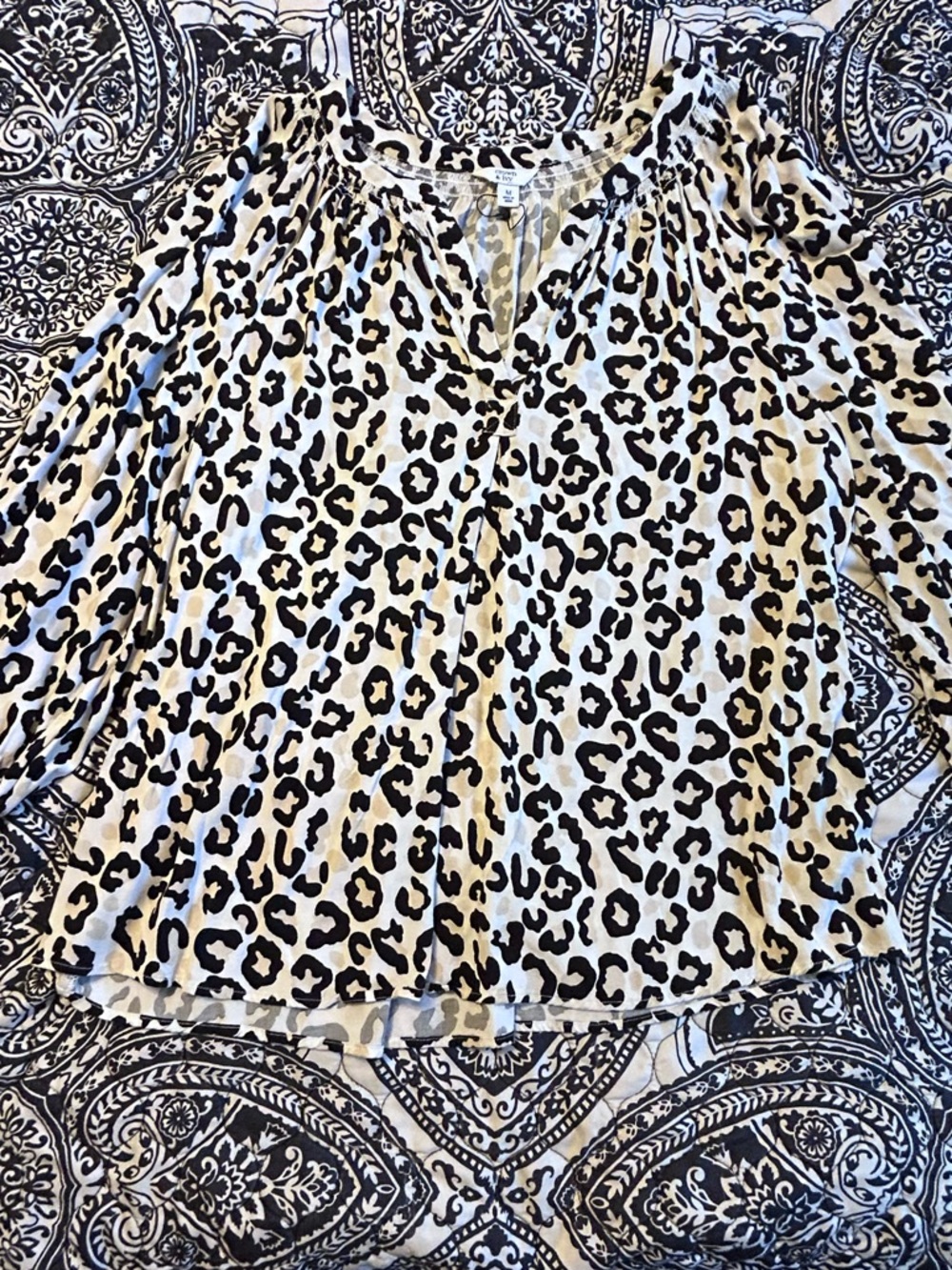 crown & ivy Leopard Print Split Neck Blouse - Black and Cream NWOT